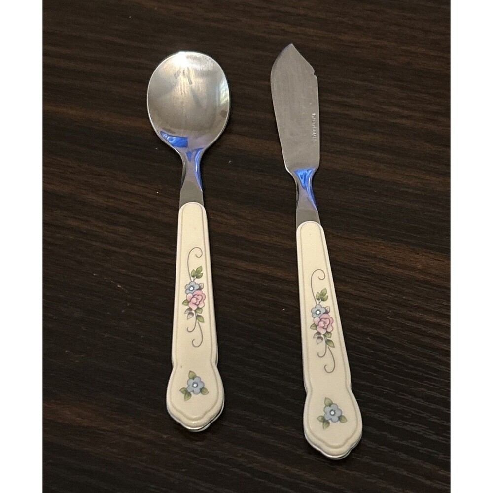 Vtg Pfaltzgraff Tea Rose Child Spoon & Butter Knife Set Floral Flatware Replace